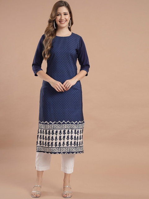

KALINI Women Navy Blue & Off-White Ethnic Motifs Digital Printed Straight Kurta