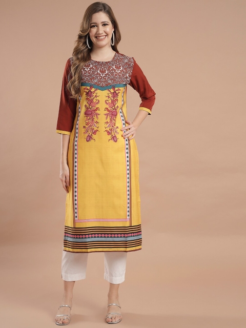 

KALINI Women Yellow & Brown Floral Printed Crepe Kurta