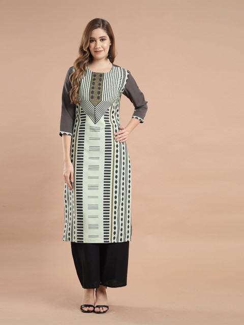 

KALINI Women White & Black Geometric Printed Crepe Kurta