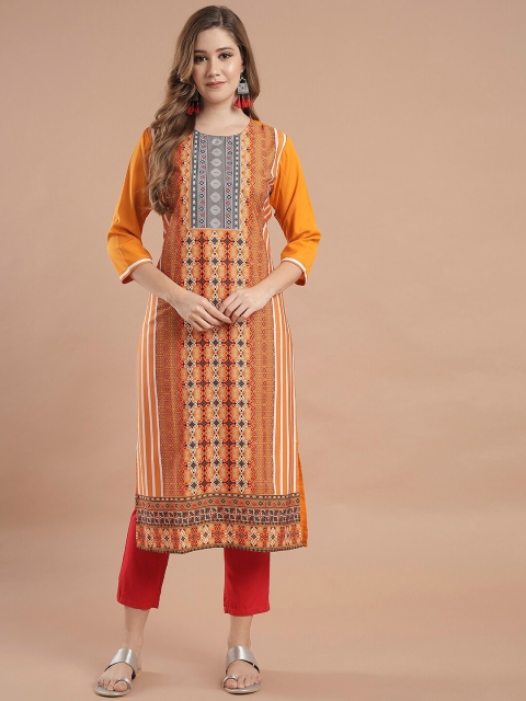 

KALINI Women Orange & White Ethnic Motifs Printed Straight Kurta
