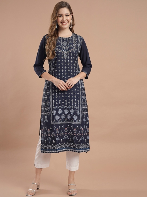 

KALINI Women Navy Blue & White Ethnic Motifs Digital Printed Straight Kurta