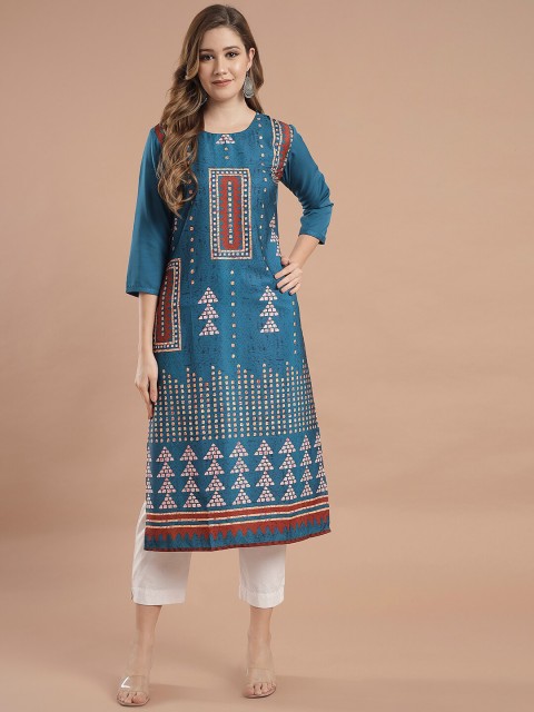 

KALINI Women Blue Geometric Crepe Digital Printed Straight Kurta