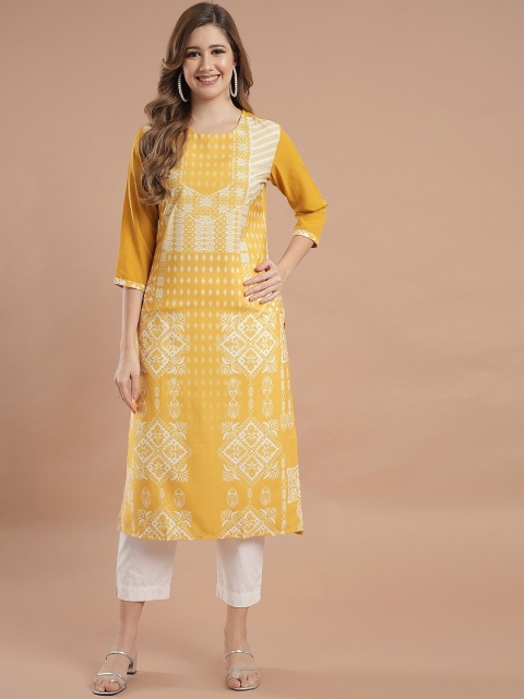 

KALINI Women Yellow & White Ethnic Motifs Printed Crepe Kurta