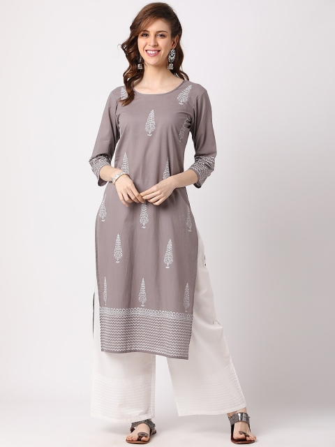 

THE NKS PLUS Grey Printed Pure Cotton Kurta with Palazzos & Dupatta