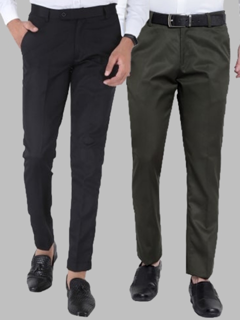 

Srey trends Men Green & Black Pack of 2 Smart Slim Fit High-Rise Formal Trousers