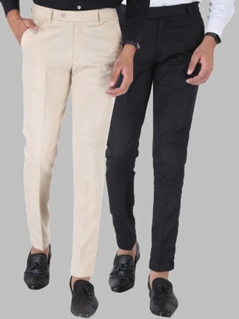 

Srey trends Men Cream-Coloured & Black Pack of 2 Smart Slim Fit High-Rise Formal Trousers