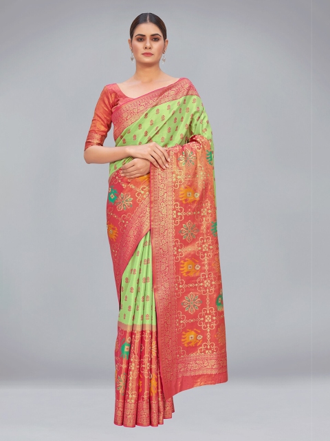 

MONJOLIKA FASHION Green & Pink Woven Design Silk Blend Kanjeevaram Saree