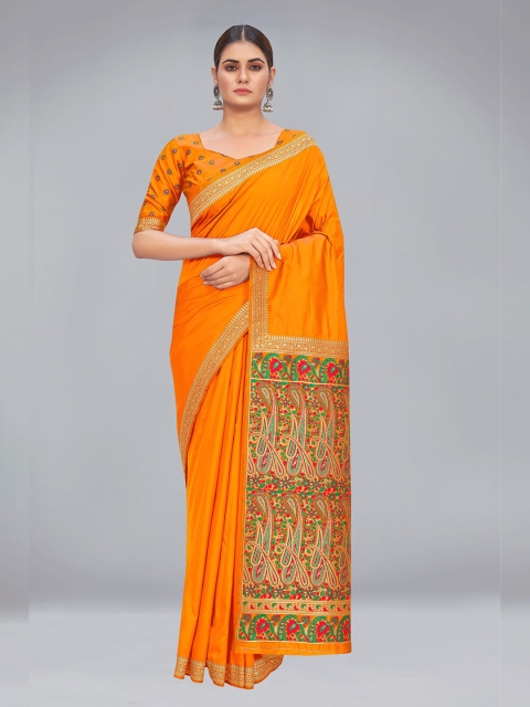

MONJOLIKA FASHION Orange & Green Woven Design Zari Silk Blend Banarasi Saree
