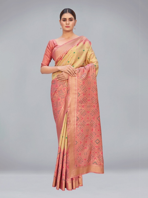 

MONJOLIKA FASHION Beige & Pink Woven Design Silk Blend Kanjeevaram Saree