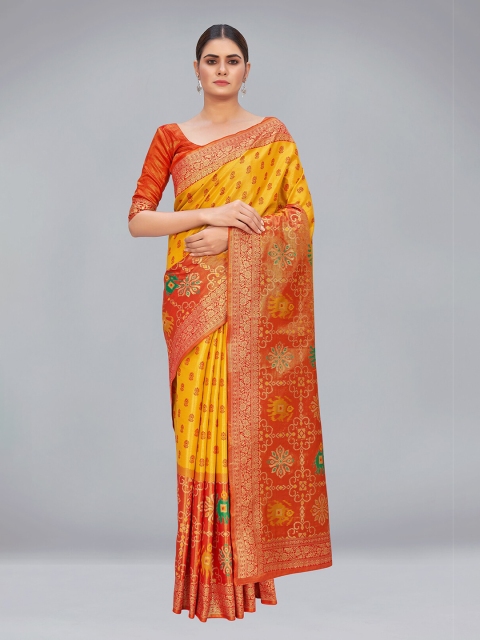 

MONJOLIKA FASHION Yellow & Mustard Woven Design Zari Silk Blend Kanjeevaram Saree