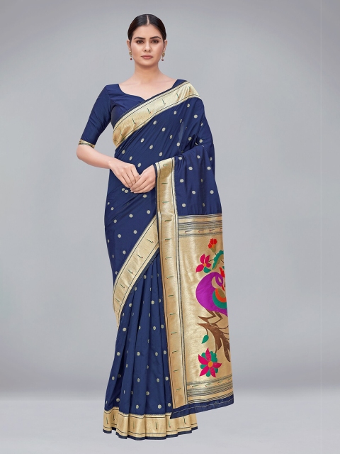 

MONJOLIKA FASHION Navy Blue & Red Woven Design Zari Silk Blend Paithani Saree