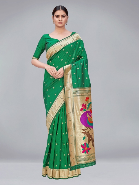 

MONJOLIKA FASHION Green & Red Woven Design Silk Blend Paithani Saree