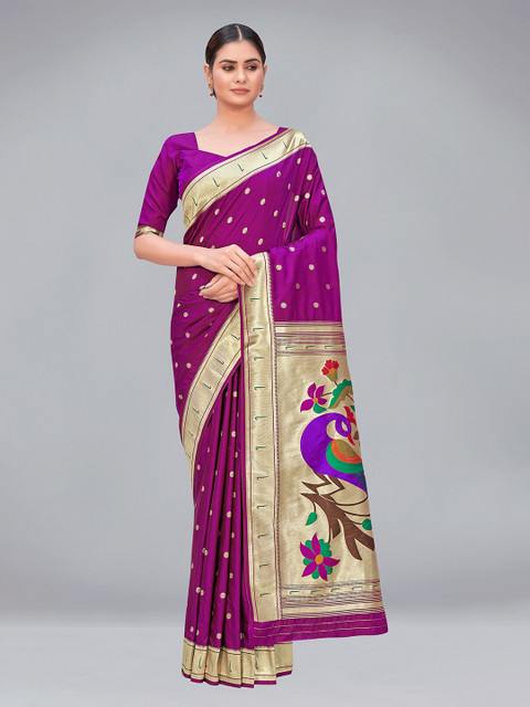 

MONJOLIKA FASHION Purple & Blue Woven Design Zari Silk Blend Paithani Saree