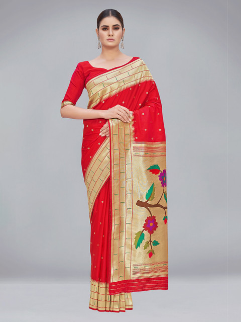 

MONJOLIKA FASHION Red & Yellow Woven Design Zari Silk Blend Paithani Saree