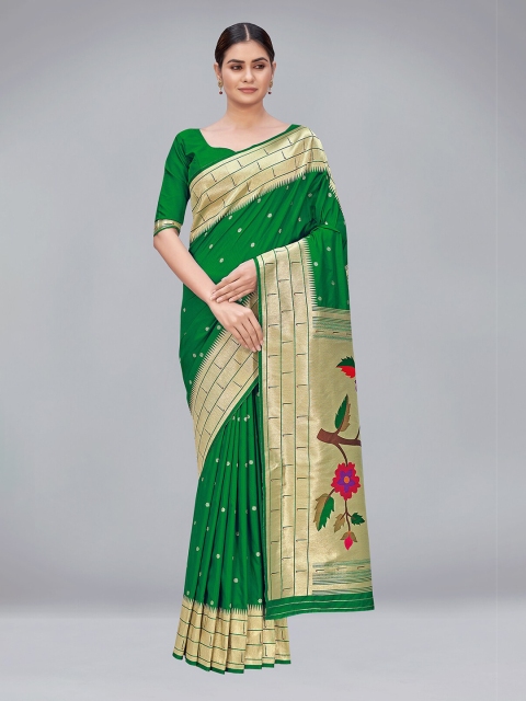 

MONJOLIKA FASHION Green & Red Woven Design Zari Silk Blend Paithani Saree
