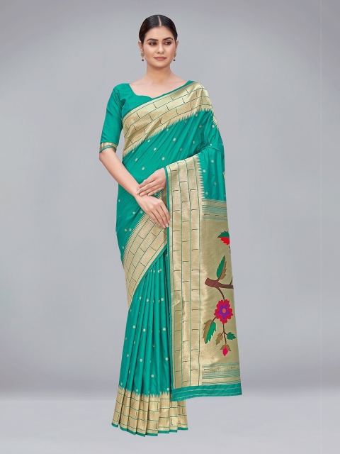 

MONJOLIKA FASHION Turquoise Blue & Gold-Toned Woven Design Zari Silk Blend Paithani Saree