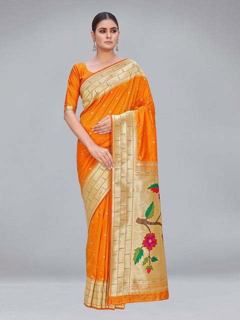 

MONJOLIKA FASHION Orange & Gold-Toned Woven Design Silk Blend Paithani Saree
