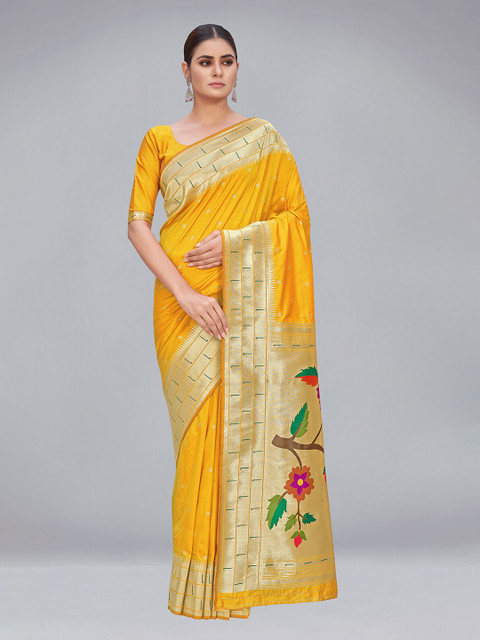 

MONJOLIKA FASHION Yellow & Gold-Toned Woven Design Zari Silk Blend Paithani Saree