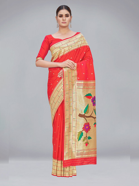 

MONJOLIKA FASHION Red & Gold-Toned Woven Design Zari Silk Blend Paithani Saree