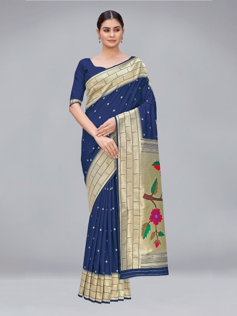 

MONJOLIKA FASHION Navy Blue & Red Woven Design Zari Silk Blend Paithani Saree