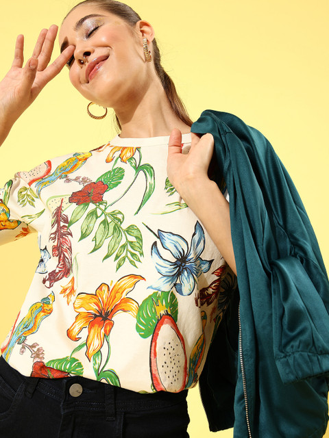

HERE&NOW Women Multicoloured Tropical Printed Drop-Shoulder Sleeves Pure Cotton T-shirt, Multi