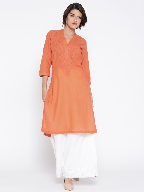 

Biba Women Orange Embroidered Straight Kurta