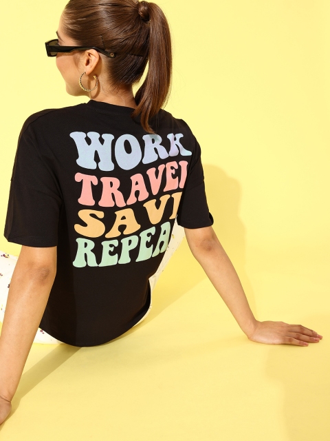 

HERE&NOW Women Black Typography Printed Drop-Shoulder Sleeves Pure Cotton T-shirt
