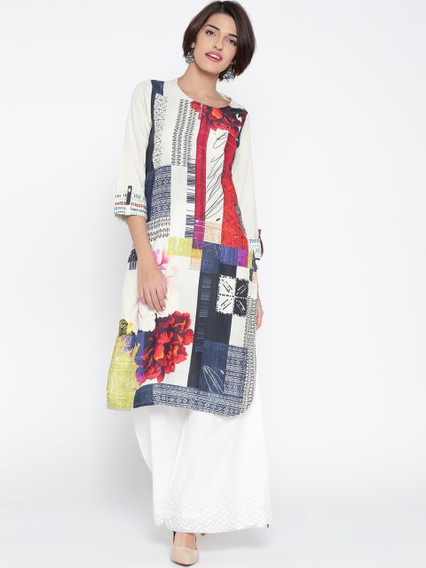 

Biba Women Off-White Printed Straight Kurta