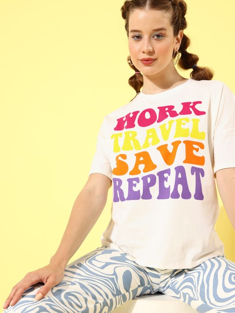 

HERE&NOW Women White Typography Printed Drop-Shoulder Sleeves Pure Cotton T-shirt