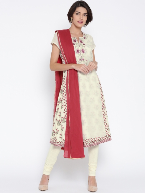 

Biba Off-White & Pink Floral Embroidered Layered Churidar Kurta with Dupatta