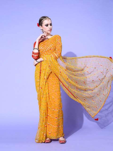 

Chhabra 555 Mustard Yellow & Red Striped Embroidered Leheriya Saree