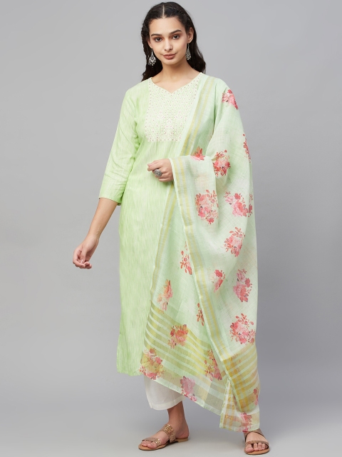 

Myshka Women Lime Green Ethnic Motifs Yoke Design Cotton Kurta with Trousers & Dupatta