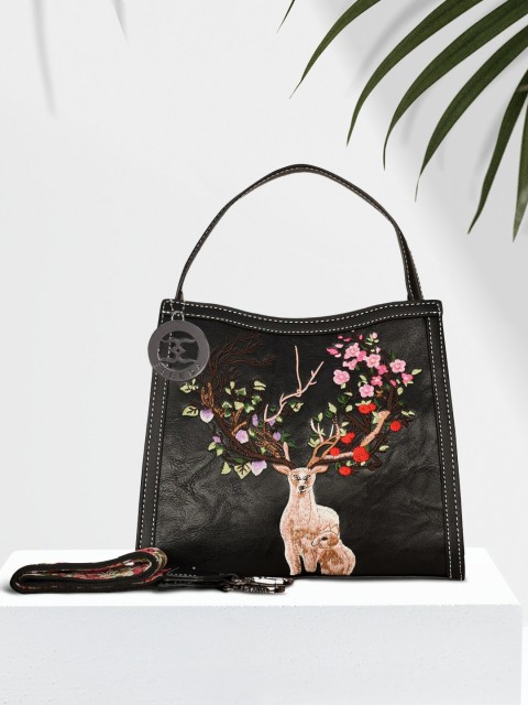 

ESBEDA Women Black Color Embroidery Deer & Floral PU Shopper Handheld Bag