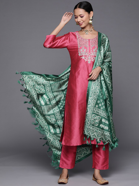 

Varanga Women Pink Ethnic Motifs Embroidered Kurta with Trousers & Dupatta