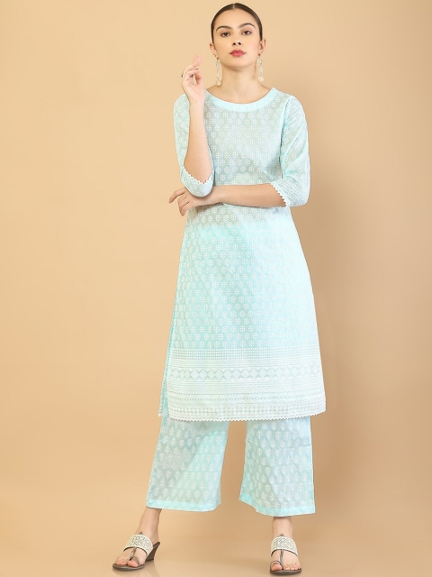 

Soch Women Blue Floral Embroidered Layered Pure Cotton Kurti with Trousers