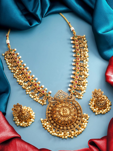 

aadita Gold-Plated Green & Red Kundan Studded Temple Jewellery Set
