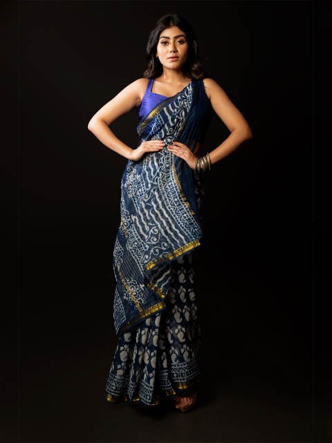 

Unnati Silks Blue & Gold-Toned Ethnic Motifs Zari Pure Cotton Kota Saree