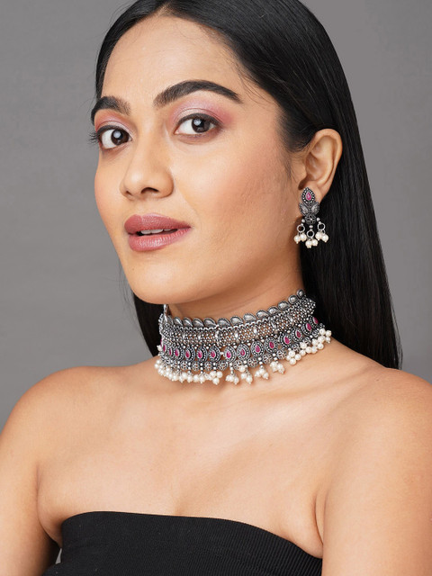 

Binnis Wardrobe Silver-Plated Pink Stone Studded Jewellery Set