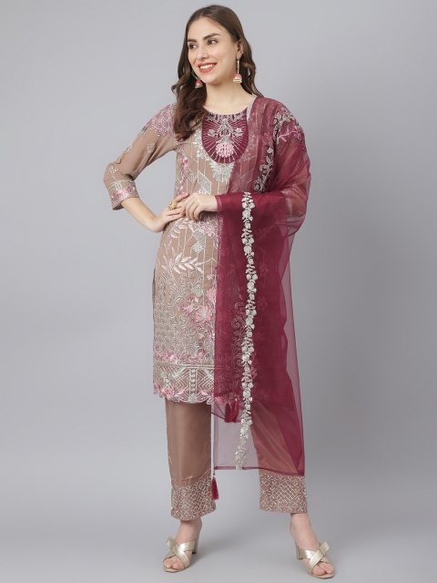 

Readiprint Fashions Women Brown & Maroon Embroidered Semi-Stitched Dress Material