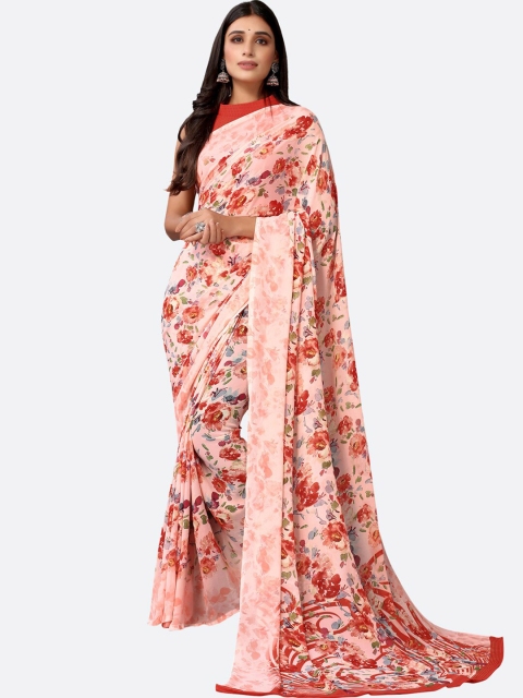 

Satrani Peach-Coloured & Grey Floral Poly Georgette Saree