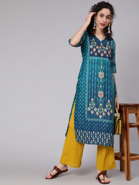 

Awadhi Women Blue Ethnic Motifs Printed Mirror Work Kurta