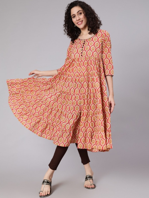 

Awadhi Women Mustard Yellow Ethnic Motifs Printed Flared Sleeves Mirror Work Anarkali Kurta