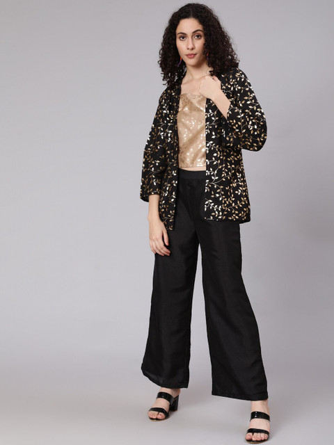 

Awadhi Women Black & Gold-Toned Printed Top with Palazzos