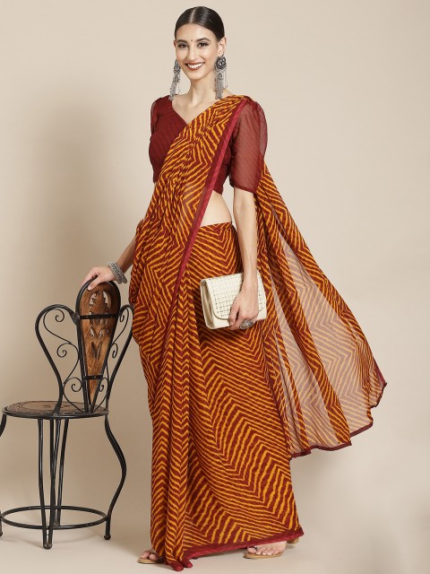 

Satrani Mustard Yellow & Maroon Leheriya Pure Chiffon Leheriya Saree