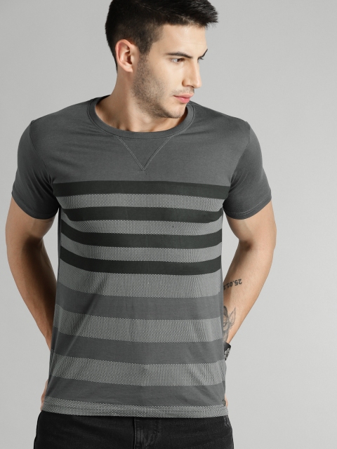 

Roadster Men Charcoal Grey Striped Round Neck T-shirt