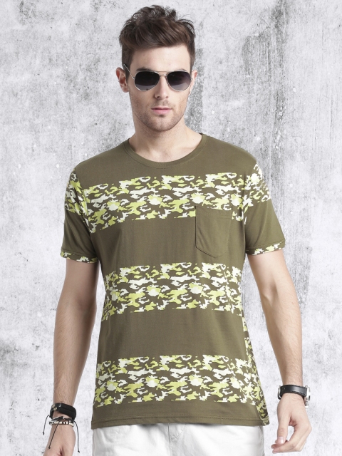 

Roadster Men Olive Green Printed Round Neck T-shirt