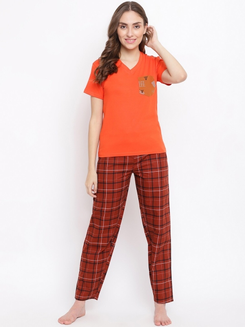 

La Intimo Women Rust & Orange Colourblocked Night suit