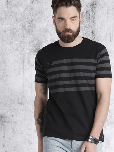 

Roadster Men Black Striped Round Neck T-shirt