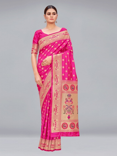 

MONJOLIKA FASHION Magenta & Gold-Toned Woven Design Zari Silk Blend Paithani Saree