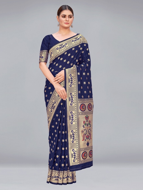 

MONJOLIKA FASHION Blue & Golden Ethnic Motifs Zari Silk Blend Paithani Saree